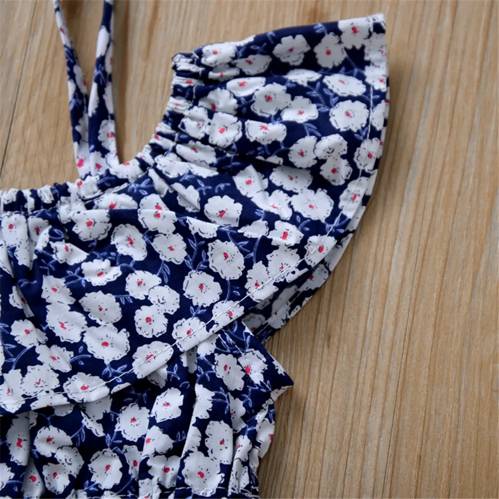 

Toddler Kids Summer Short Sleeve Off-Shoulder Romper Baby Girl Sleeveless Floral Printed Tie-Up Spaghetti Strap Playsuit