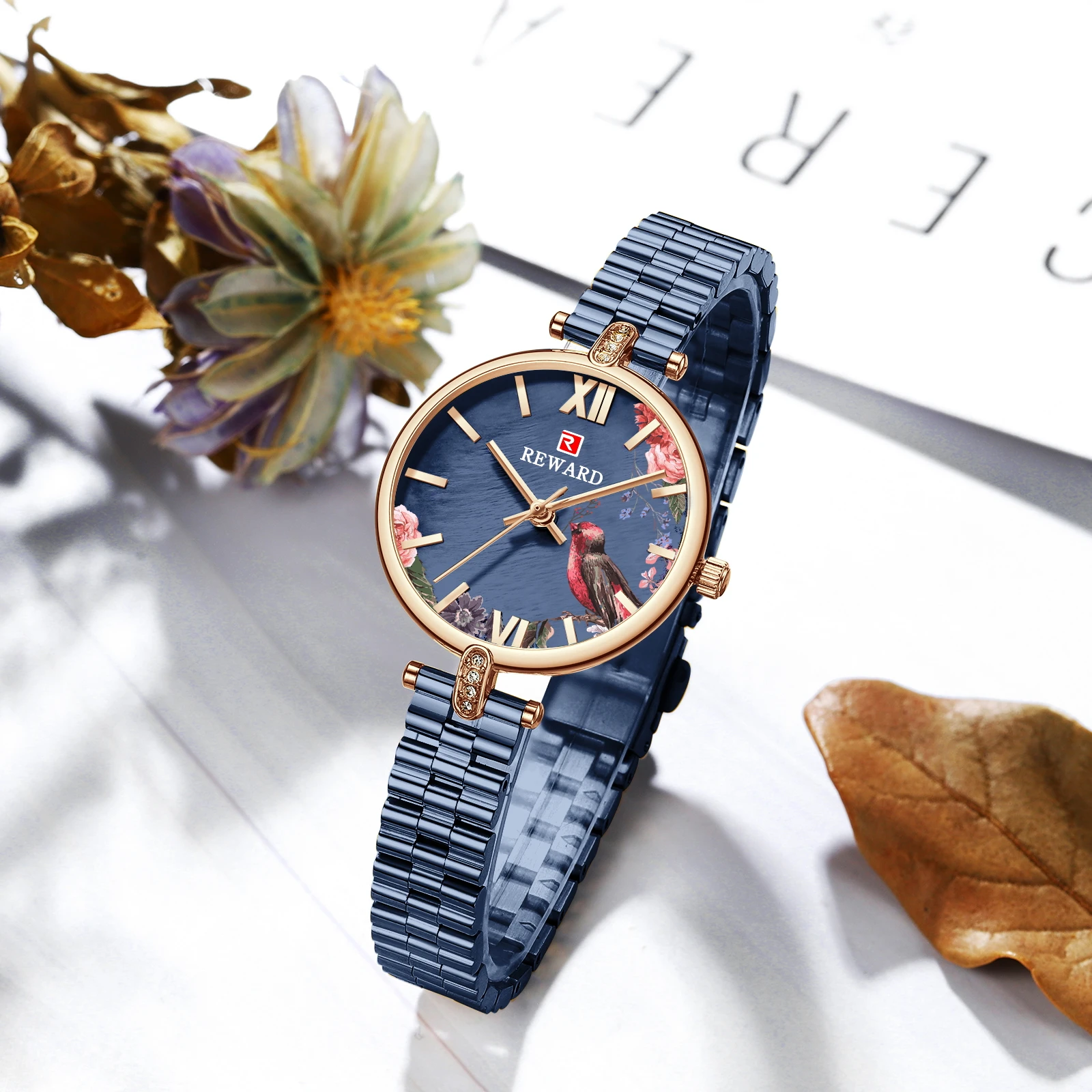 REWARD Luxury Women Watch Top Brand Stainless Steel Wrist Watches For Woman Rhinestone Quartz Ladies Clock Hign End Female Gift