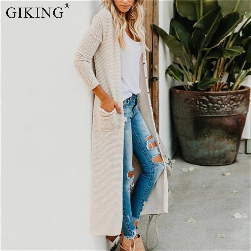 GIKING Women Winter Autumn Long Cardigan Sweater Coat Female 2019 Fashion Pockets Button Sleeve Knitted Cardigans |