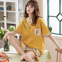 pajamas womens summer cotton short sleeve shorts cute japanese style summer two piece set thin spring and autumn plus size