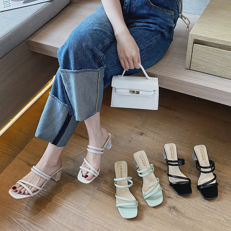 

High-Heeled Shoes Lady Ladies' Slippers Luxury Slides Slipers Women Platform Square heel Designer 2021 Summer Block PU Rubber
