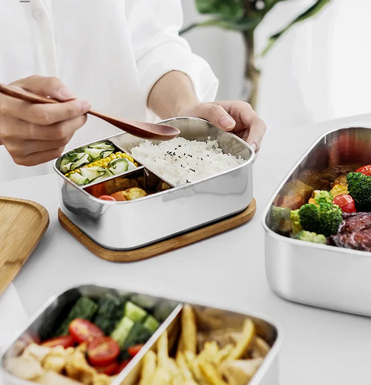1200ML/1400ML Stainless Steel Lunch Box Adults Bento Food Container 3 compartments for Kids With Bamboo lid 304 Large Capacity |