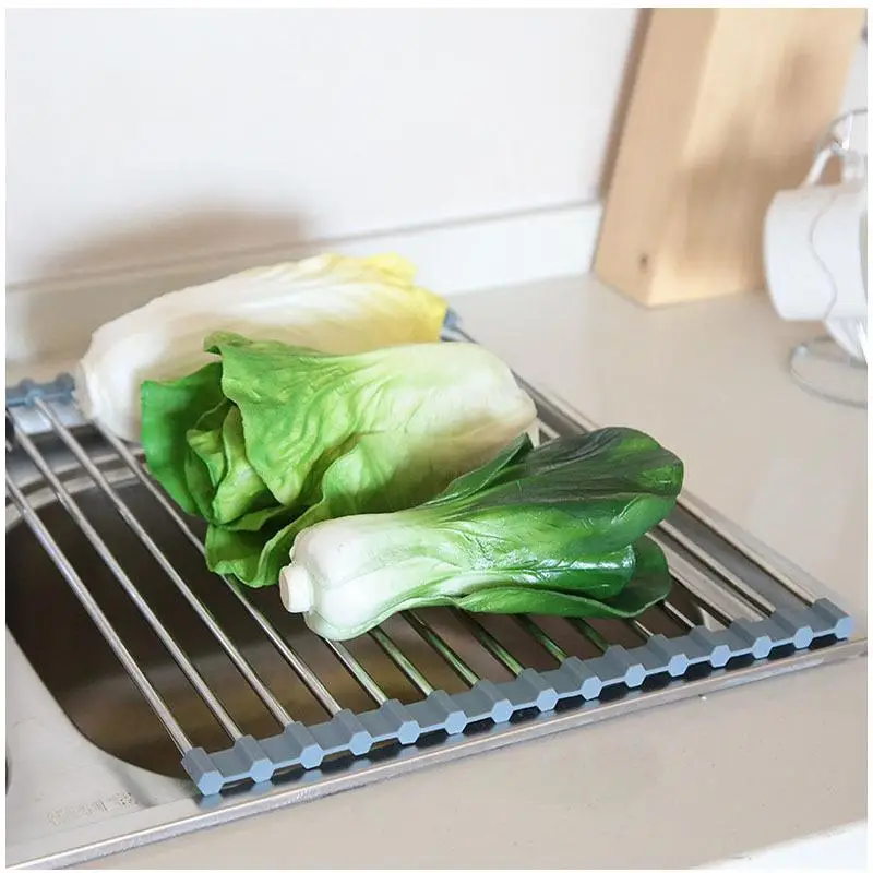 

Foldable Silicone Over-the-sink Dish Drying Rack Roll-Up Dish Drainer Chopstick And Dishes Drain Rack Stainless Steel Convenient