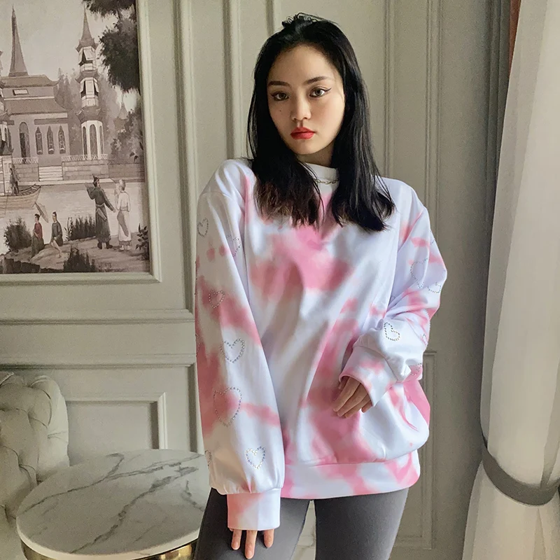 

New Autumn Winter Women Fashion Streetwear Casual Pullover Spring Long Sleeve Tie Dye Sequined Baggy Ladies Oversized Sweatshirt