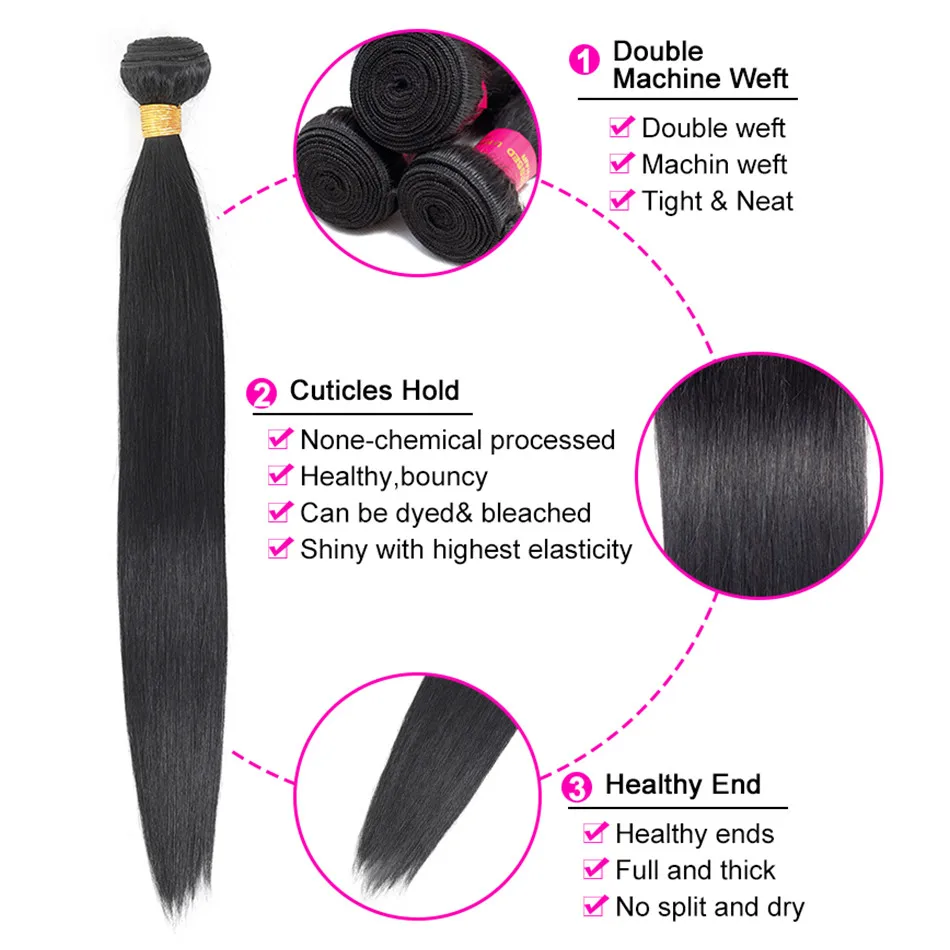 Feel Me Malaysian Straight Hair Bundles With Closure Human 3/4 Natural Color Non Remy Extensions | Шиньоны и парики