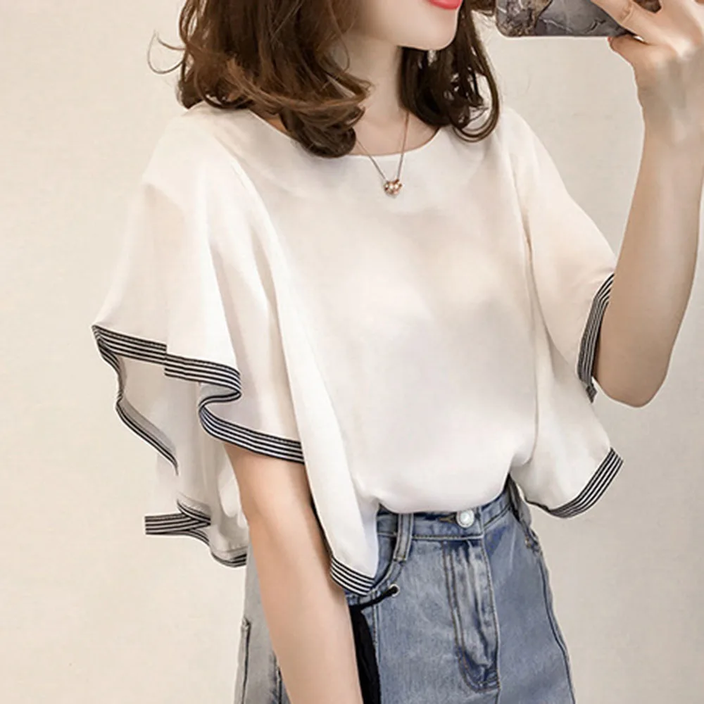 

Women T-shirt Summer Patchwork Chffion Blouse Office Lady Ruffle Sleeve Color Block Tee Female Tops OL Korean Japan Style