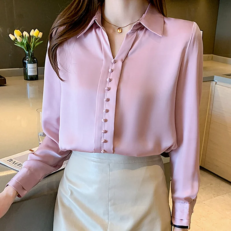 

Fashion Women Shirts Silk Button Up Blouses Satin Polo-Neck Clothing Woman Long Sleeve Pullover Pink Ladies Tops Spring Autumn