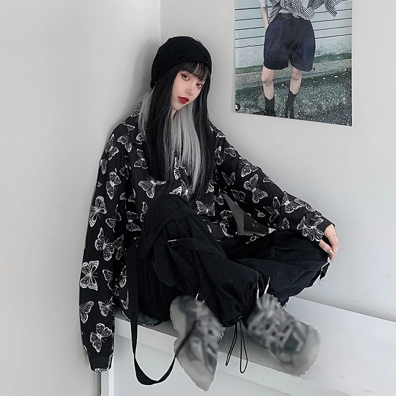 

Women Butterfly Print Blouse Shirt 2021 Spring Summer Long Sleeve Harajuku Korean Style Streetwear Casual Loose Blouses Shirts
