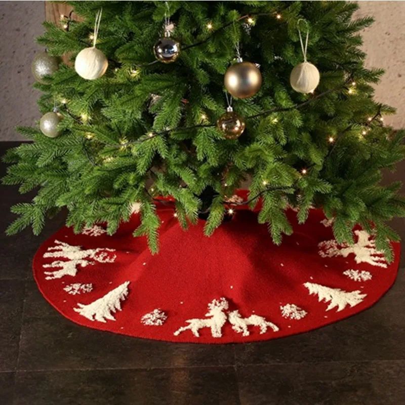 

92/122cm Xmas New Year Red Knitted Elk White Flannel Embroidered Snowflake Christmas Tree Skirt Christmas Home Decorations Noel