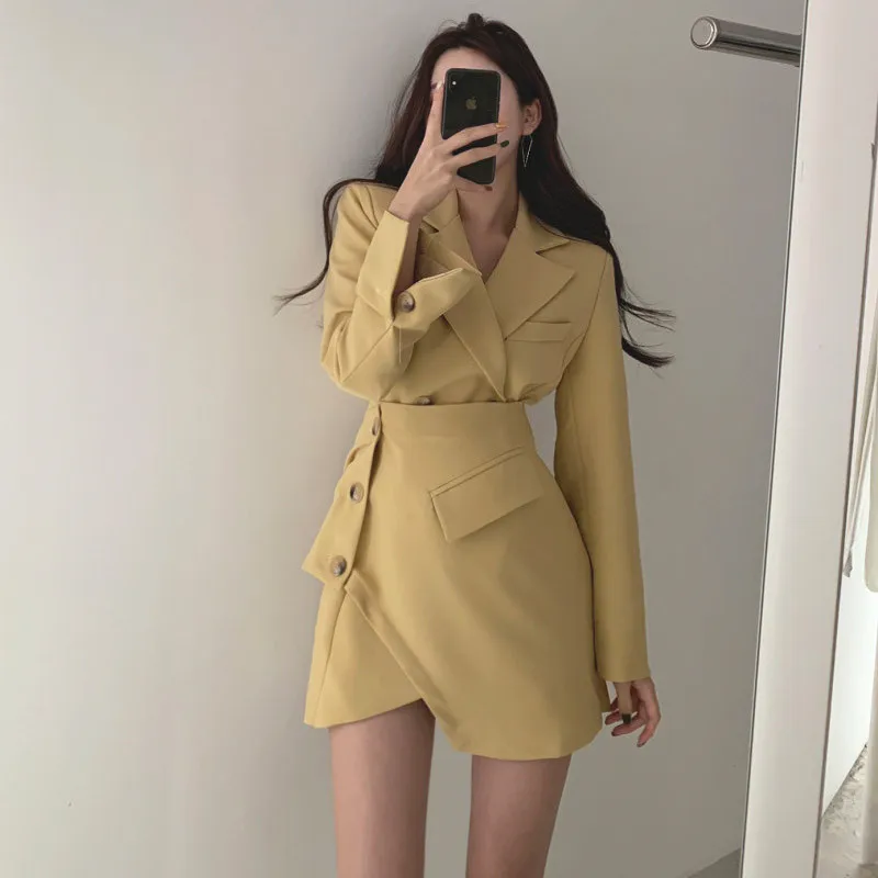 

Fashion Women Elegant Irregular Mini Blazer Dress Side Button Fake Two Pieces Office Lady Long Sleeve Waisted Slim Mini Dress
