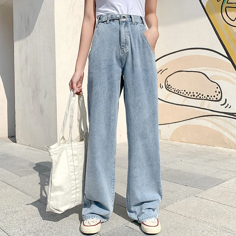 Женские джинсы с высокой талией джинсовая одежда широкими штанинами синяя