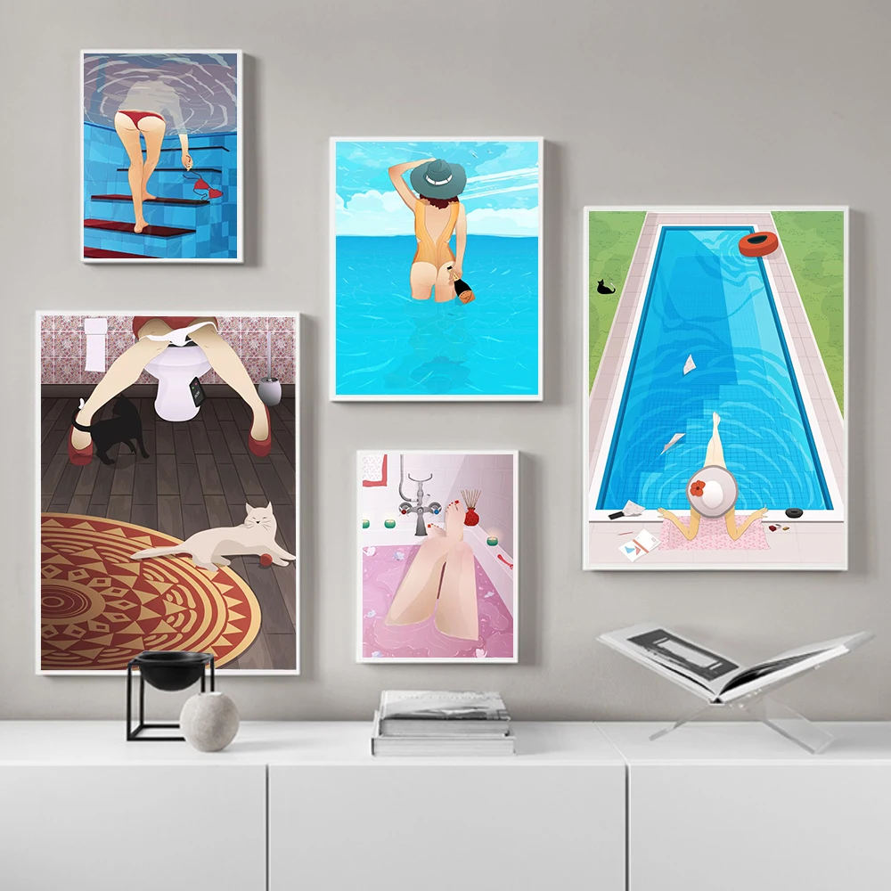 

Summer Swim Colorful Wall Art Prints Nordic Poster Fashion Sexy Girl Swimming Pool Canvas Painting Picture Living Room Decor
