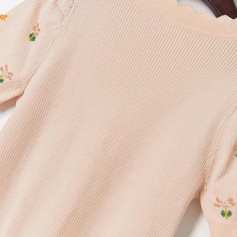 

Beading Flower Wave Cardigan Women Summer 2021 V-neck Short Sleeve Knit Blouses for Woman Elegant Fresh All-match Female Tops