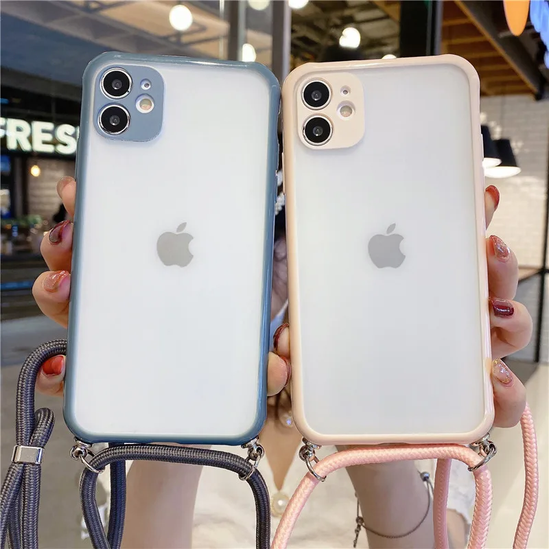 

Neck Shoulder Strap phone case For iPhone 11 Pro Max 12 XS X XR 8 7 Plus SE 2020 Crossbody Lanyard Rope Transparent Soft Cover