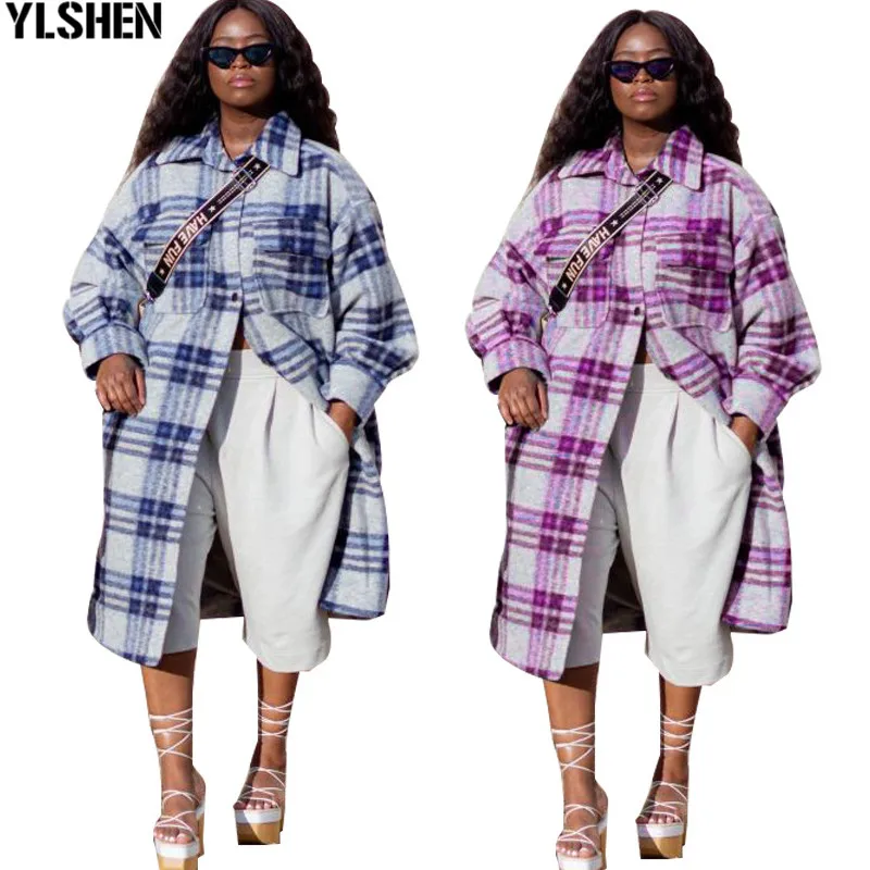 

2020 Winter Grid Print African Dresses For Women Dashiki Wool Coat Dress African Design Clothes Ankara Plus Size Africa Clothing