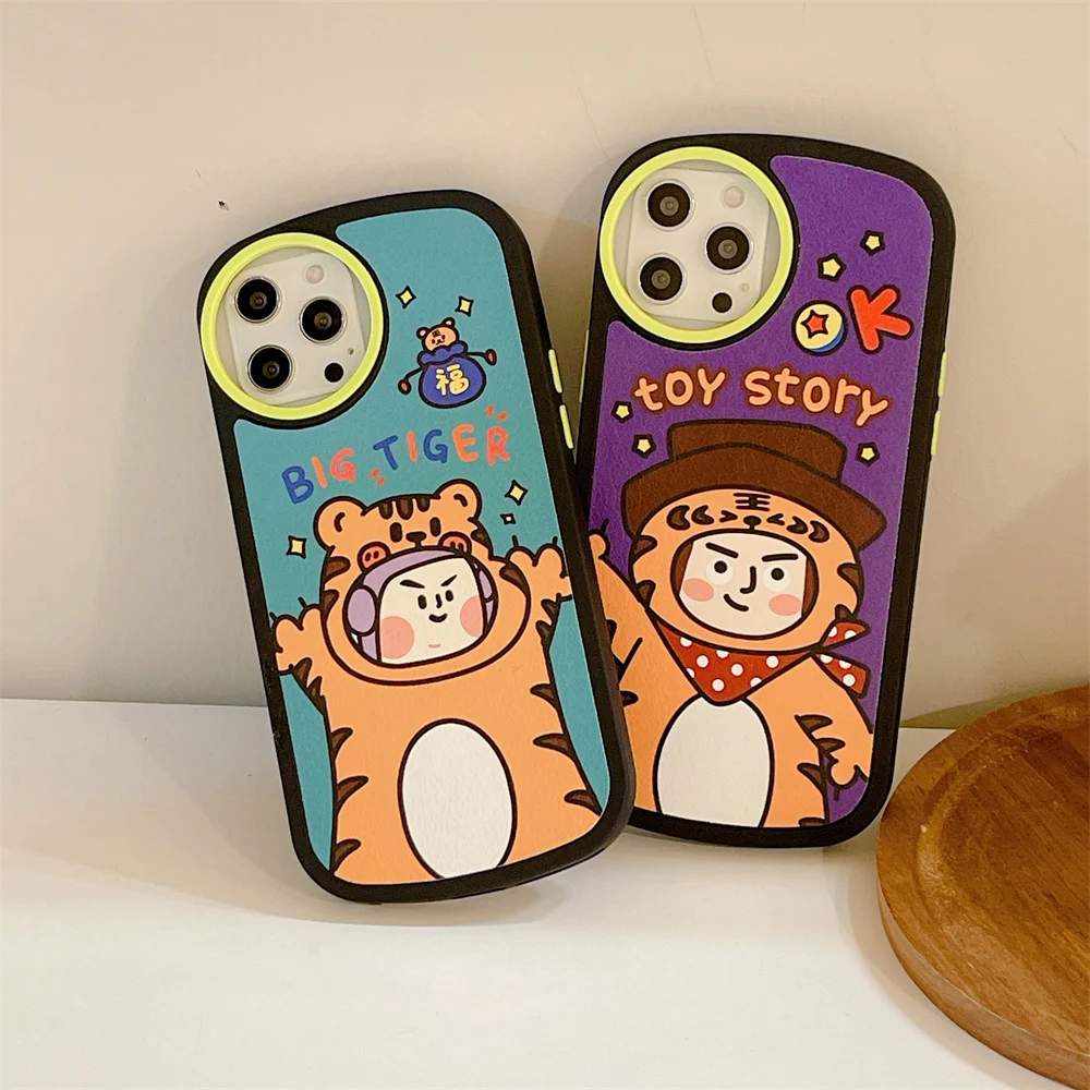 

For Iphone 13 12 11 Pro Max Leather Cute Tiger Dress Soft Circle Lens Anti Drop Protection Case For Iphone 7 8 Plus X Xr Cover