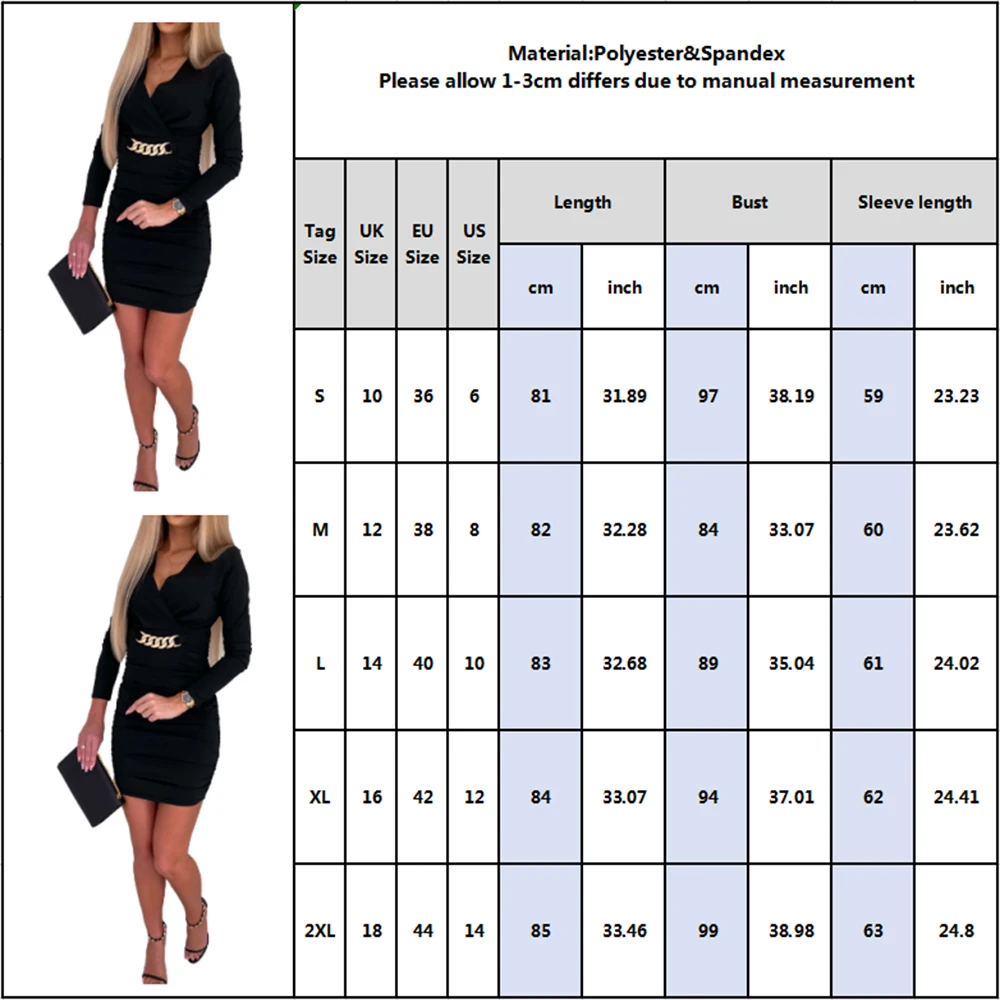 

Elegant Lady Solid Mini Dress Fashion Metal Chain V-neck Party Dress Women 2021 Office Lady Long Sleeve Slim Bodycon Dresses D30