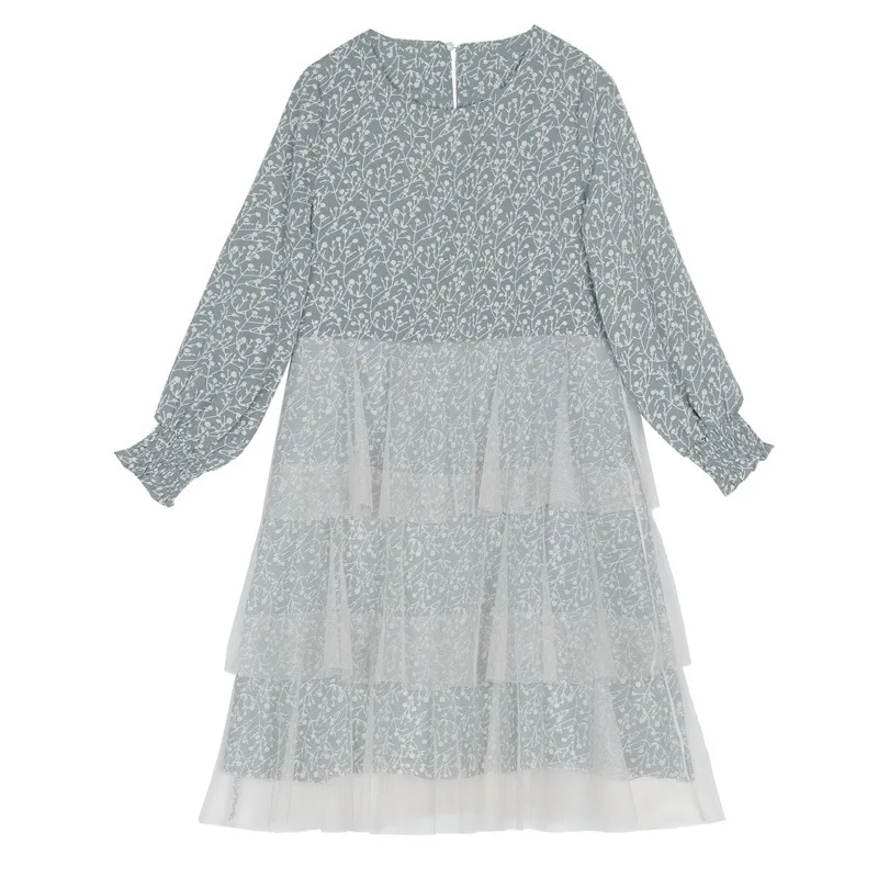 

2020 new Family matching clothes mommy and me dresses dress beige green floral mesh patchwork fashion dress