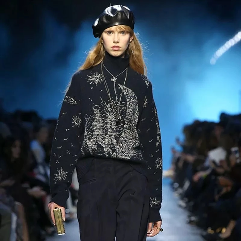 Turtleneck Sweater Women 2022 Winter Thick Runway Design Galaxy Moon Oversized Casual Pullover Knit Jumper C-122 | Женская одежда