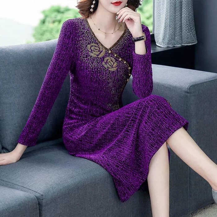 2019 новое зимнее модное женское фиолетовое длинное платье с v-образным вырезом и