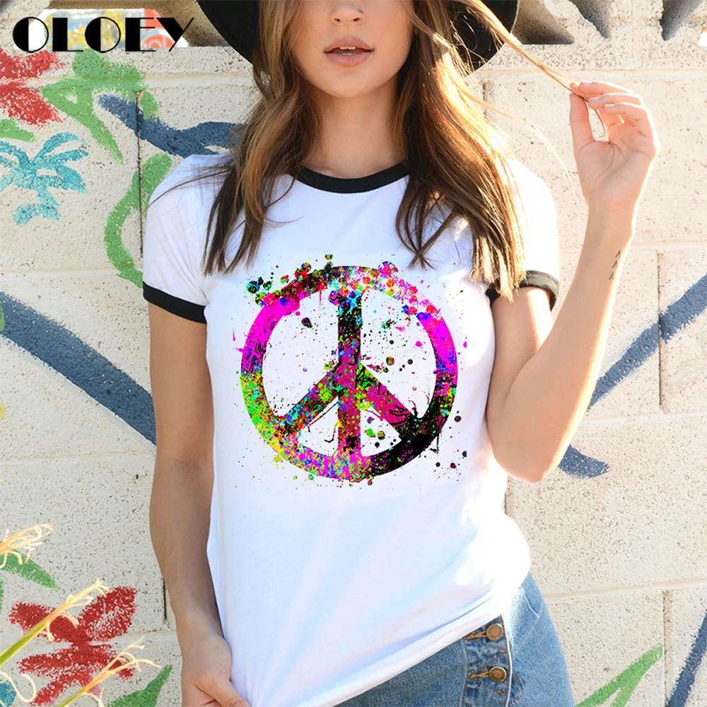 

Rainbow Paint Splatter Peace Sign T shirt Women Clothes Aesthetic Female Tops Camiseta Mujer 2020 Summer Graphic Tees Streetwear