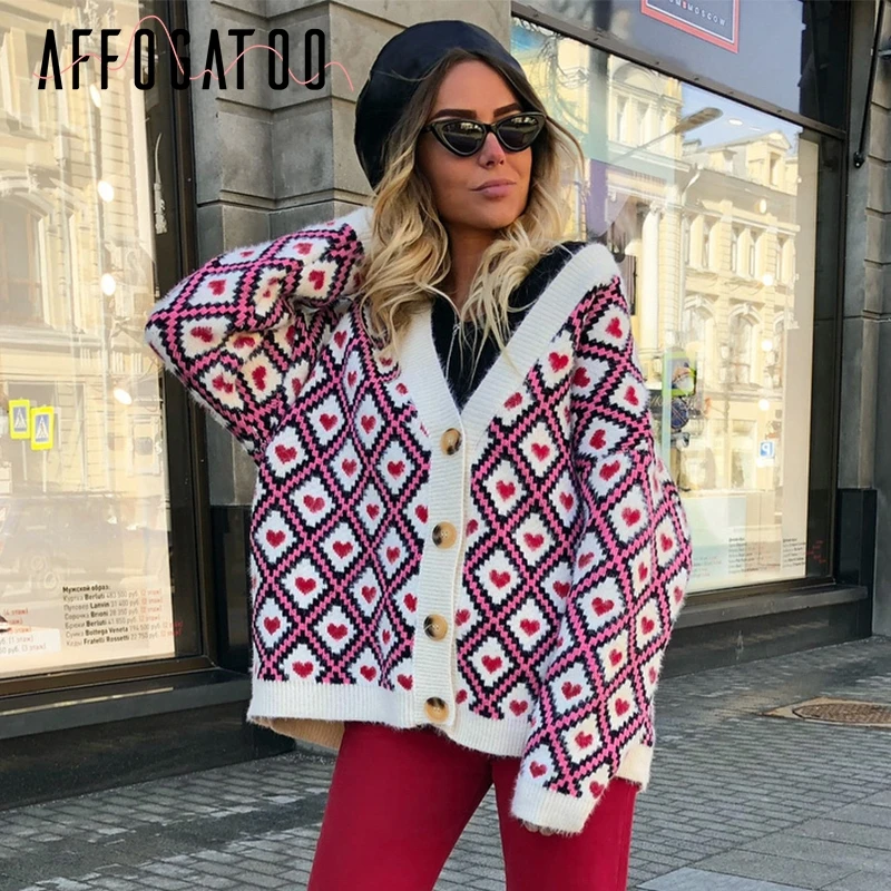 Женский однобортный Кардиган с принтом сердца на осень/зиму |