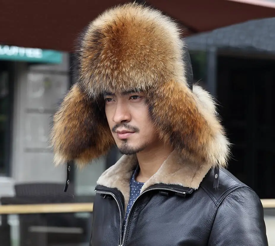 Gold Raccoon Fur Мужские шапки-бомберы, зимняя теплая русская ушанка, шапка с ушками, Натуральная овечья кожа, топ из натурального меха, бейсболка для мужчин для папы - Цвет: Gold Raccoon Fur