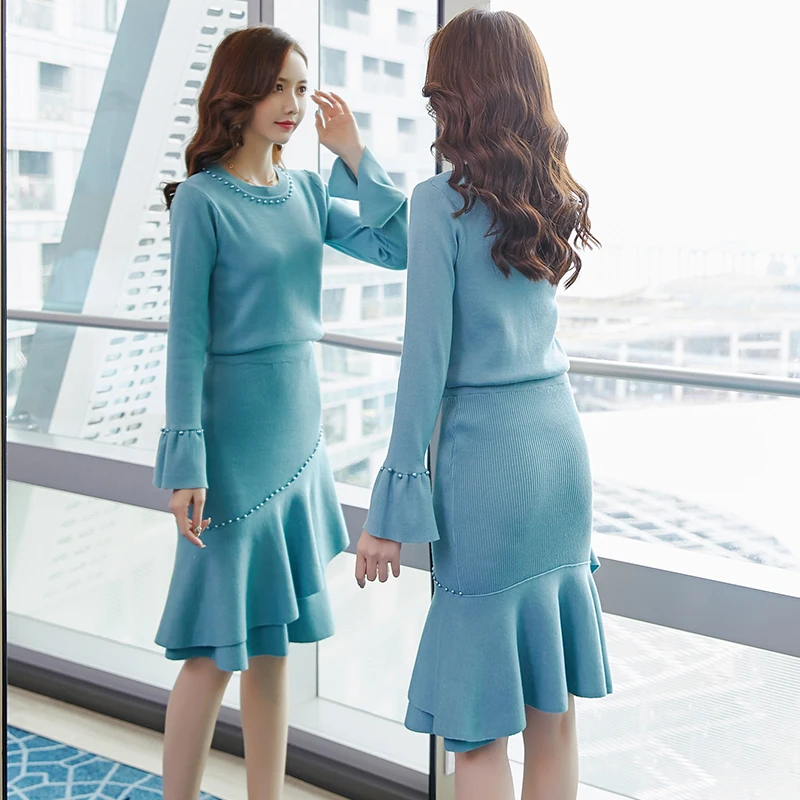 Pearl Chic Ladies Knitted Skirt Suit Autumn Mermaid + Lantern Sleeve Sweater Pullover Elegant Party 2-Piece Set |