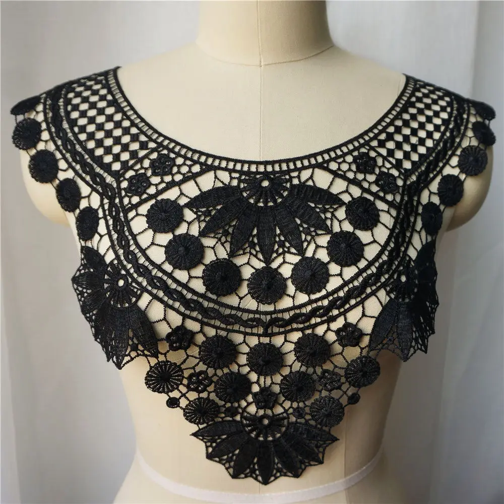 Черный цветочный тканевый воротник круглый точечная сетка вышитая аппликация
