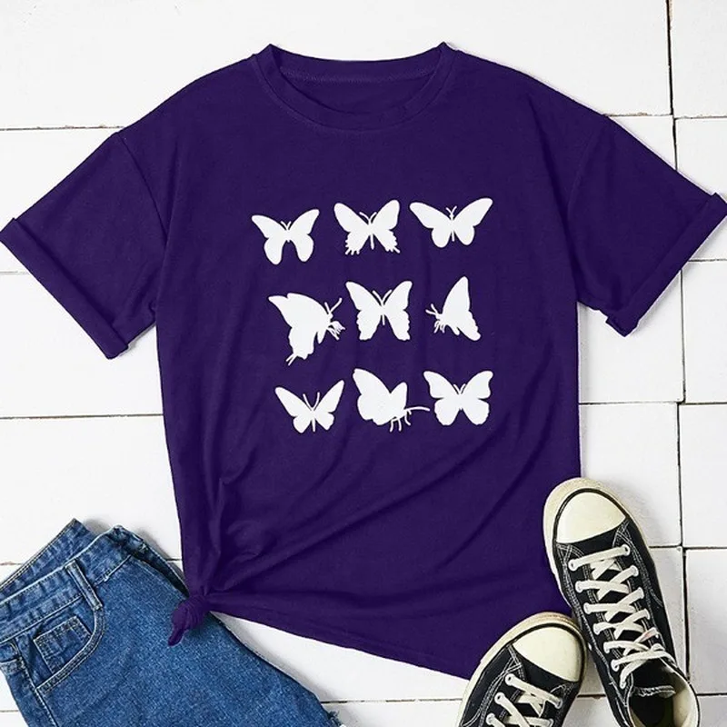 

White Butterfly Print Women T Shirt Short Sleeve O Neck Loose Women Tshirt Ladies Fashion Tee Shirt Tops Clothes Camisetas Mujer