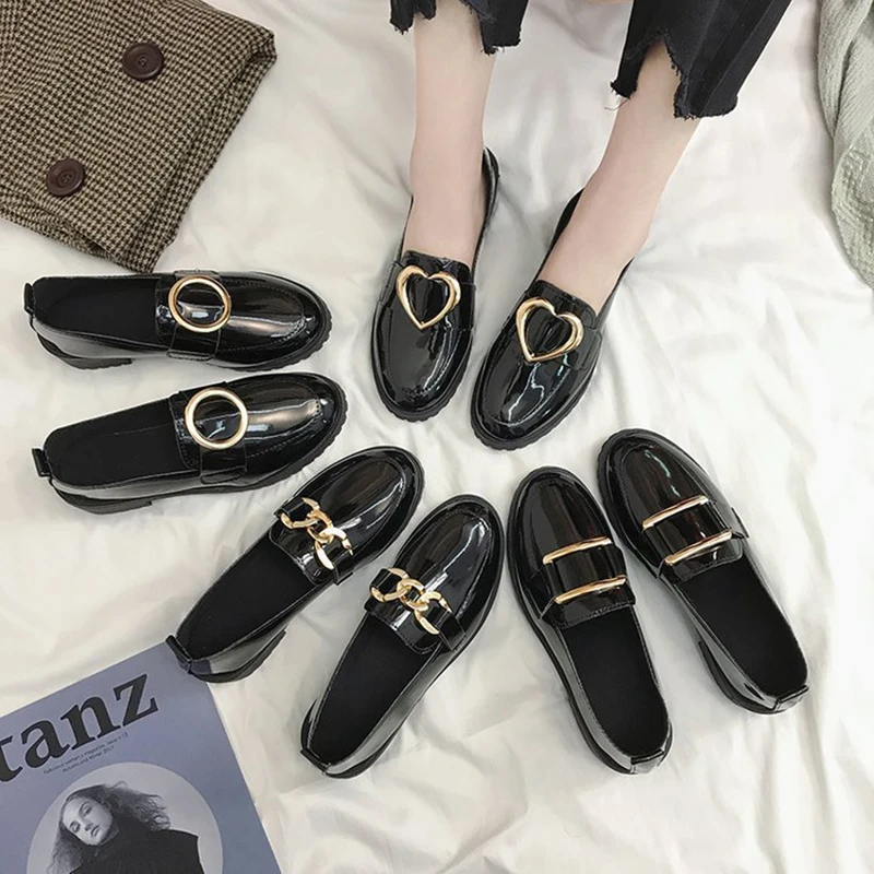 Женские кожаные туфли 4 вида стилей черные с металлической