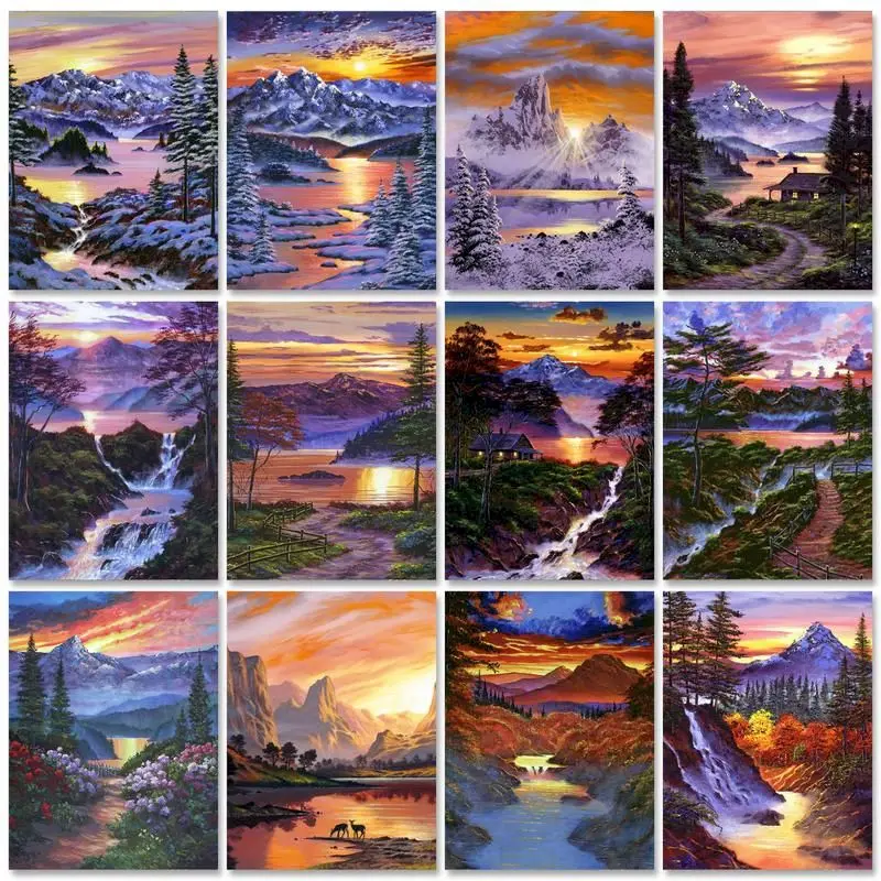 

PhotoCustom Oil Paint By Numbers Sunset Scenery Painting By Numbers On Canvas Frame 60x75cm Landscape DIY Drawing By Numbers