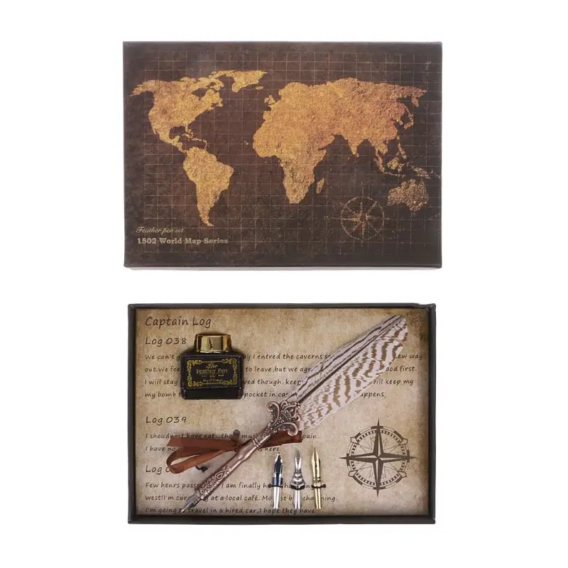 

Antique Quill Feather Dip Pen Writing Ink Set Stationery Gift Box Fountain Pen Drop shipping