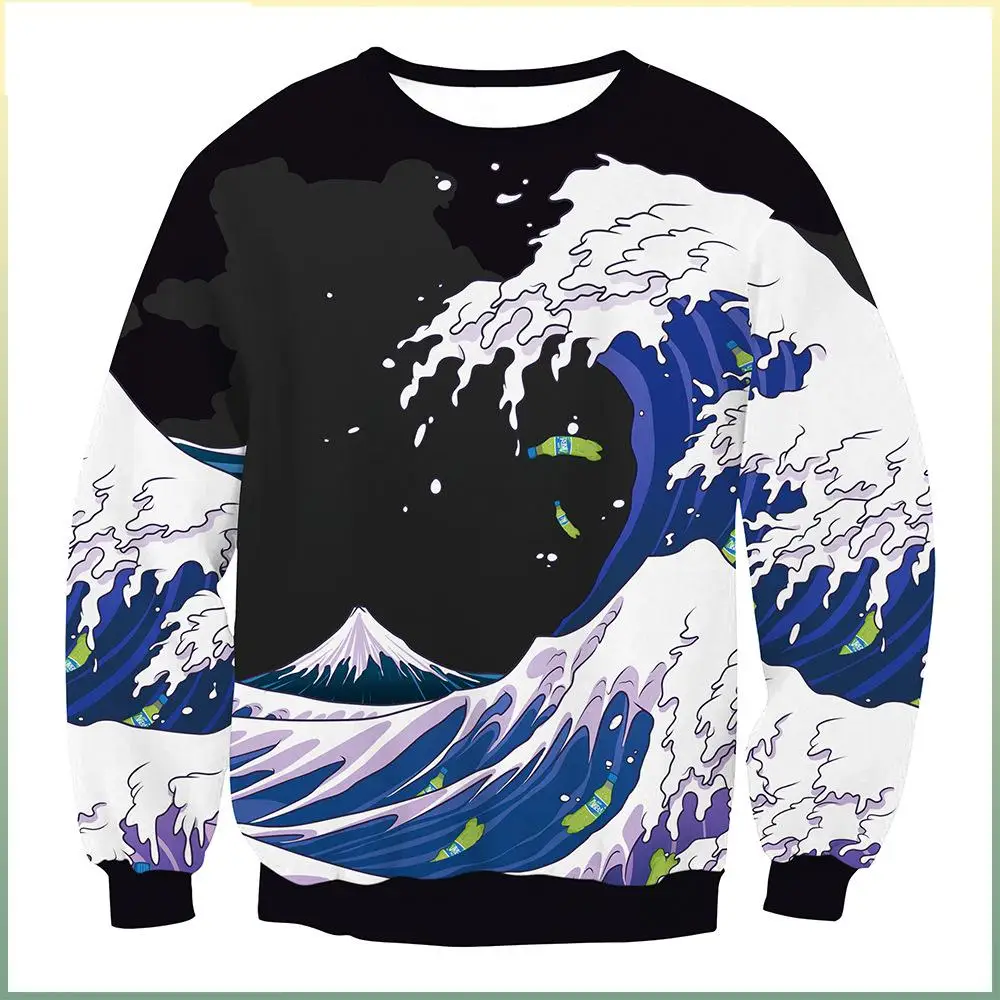 

Hot Selling Cartoon Wave Printed Round Neck Coat Long Sleeve Sweater Couple Pullover Top Harajuku Hoodie Sweatshirt Free Shiping