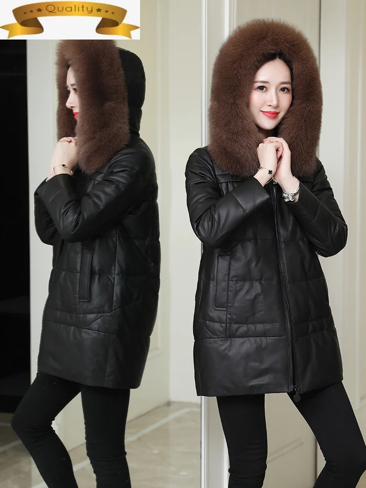 

Coat Real Female Sheepskin Winter Genuine Leather Jacket Women 10% White Duck Down Jacket Fox Fur Collar Hooded Veste Cuir Femme