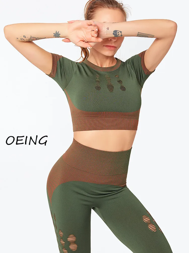 

2 Piece Set Women Short Sleeve Patchwork Workout Clothes High Waist Yoga Leggings Hollowout