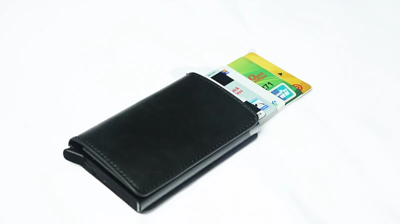 RFID Blocking Credit Card Holder Genuine Leather Men ID Card holder Mini Wallet Vintage Metal Automatic Anti-theft Card Wallet