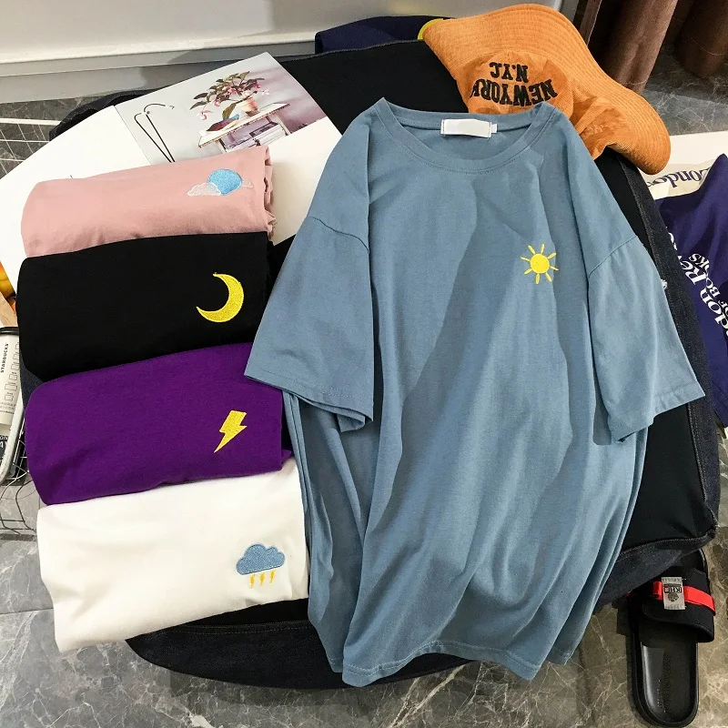 Женская Корейская Повседневная Футболка Harajuku с вышивкой женские футболки топы
