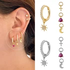 S925 серебряный пара серьги в виде колец, с 4 перекрещенными ремешками; Солнце и луна вышивка звёздочки или бриллианты освещение Подвески Циркон 925 пробы плата кольца для ушей