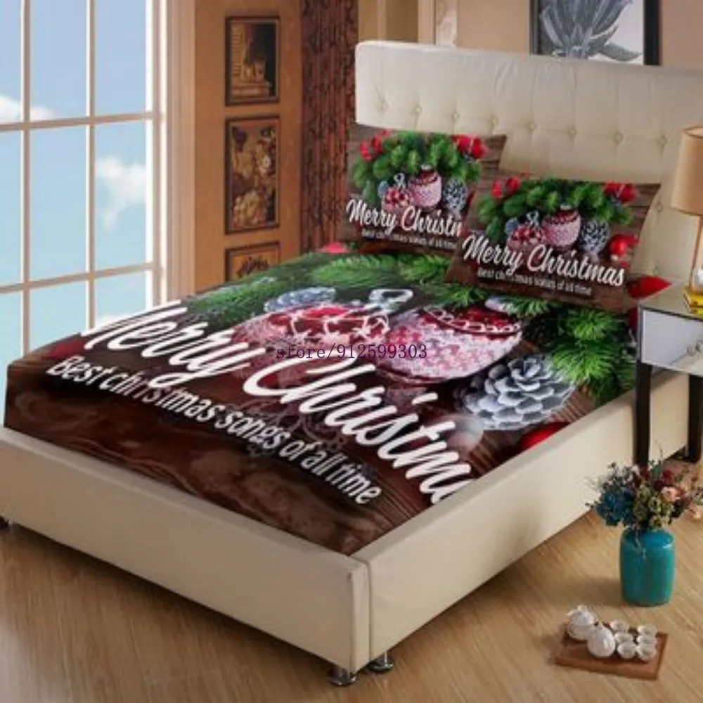

3 шт. Рождественская простыня с принтом из полиэстера, наматрасник с четырьмя углами, простыня на резинке (с наволочкой)
