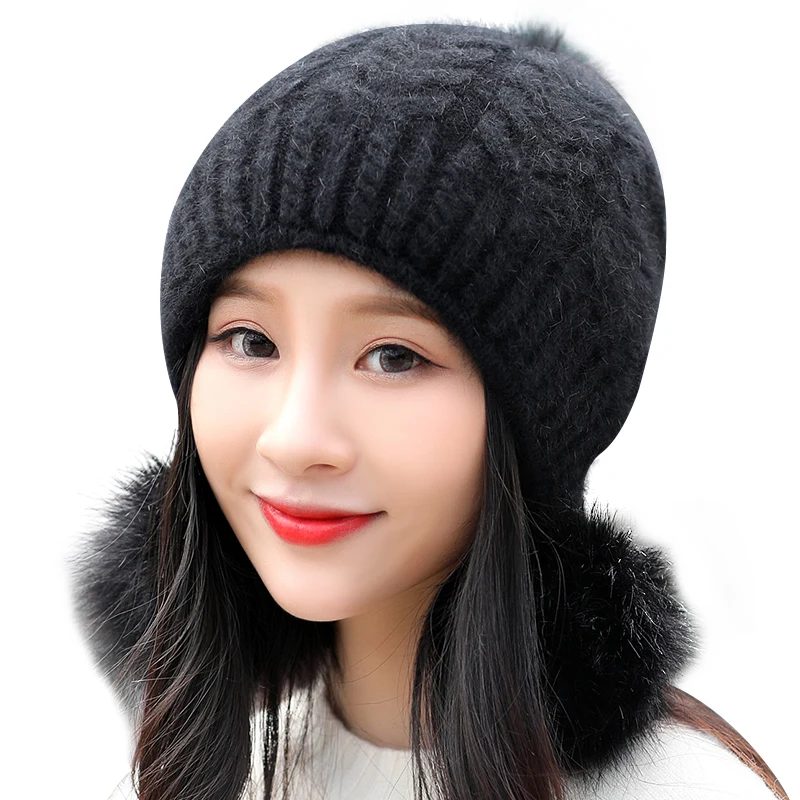H7731 Женская Шапка-бини из кроличьего меха женская зимняя теплая шапка с защитой