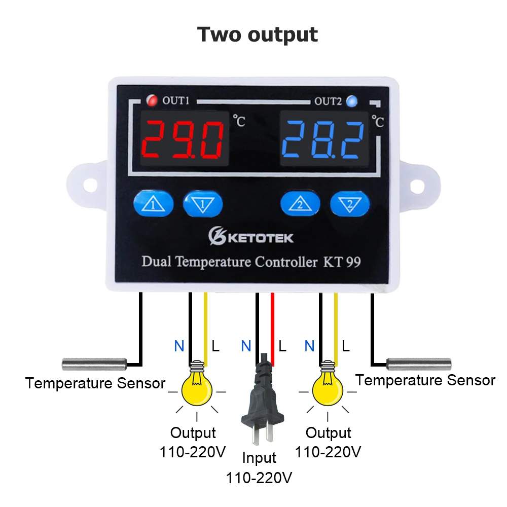 110-220V two output Цифровой регулятор термостата KT99 10A с прямым выходом, контроль температуры, светодиодный дисплей, переключатель управления нагревом и охлаждением - Цвет: 110-220V two output