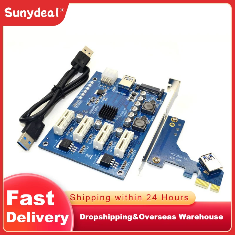 

PCIE X1 to 4PCI-E X16 Expansion Kit 1 to 4 Port PCI Express Switch Multiplier HUB 6 Pin Sata USB Riser Card For BTC Miner Mining