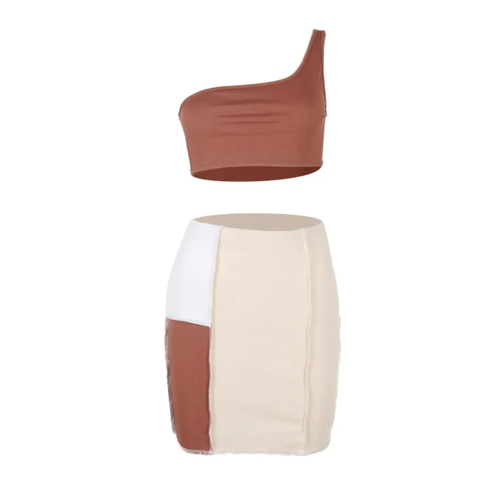 

Women Skinny Vintage Streetwear Co-ord Outfits Club 2021 New Ribbed Patchwork Two Piece Sets One Shoulder Tank Top And Skirts