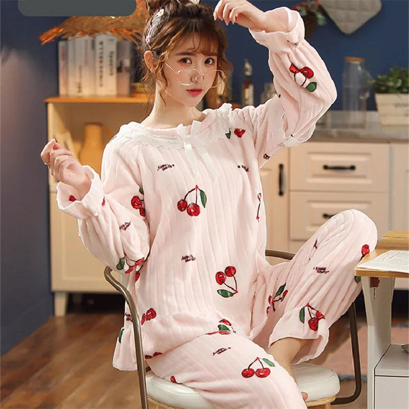 Осенне зимняя Пижама для женщин одежда сна теплая фланелевая бархатная пижама с