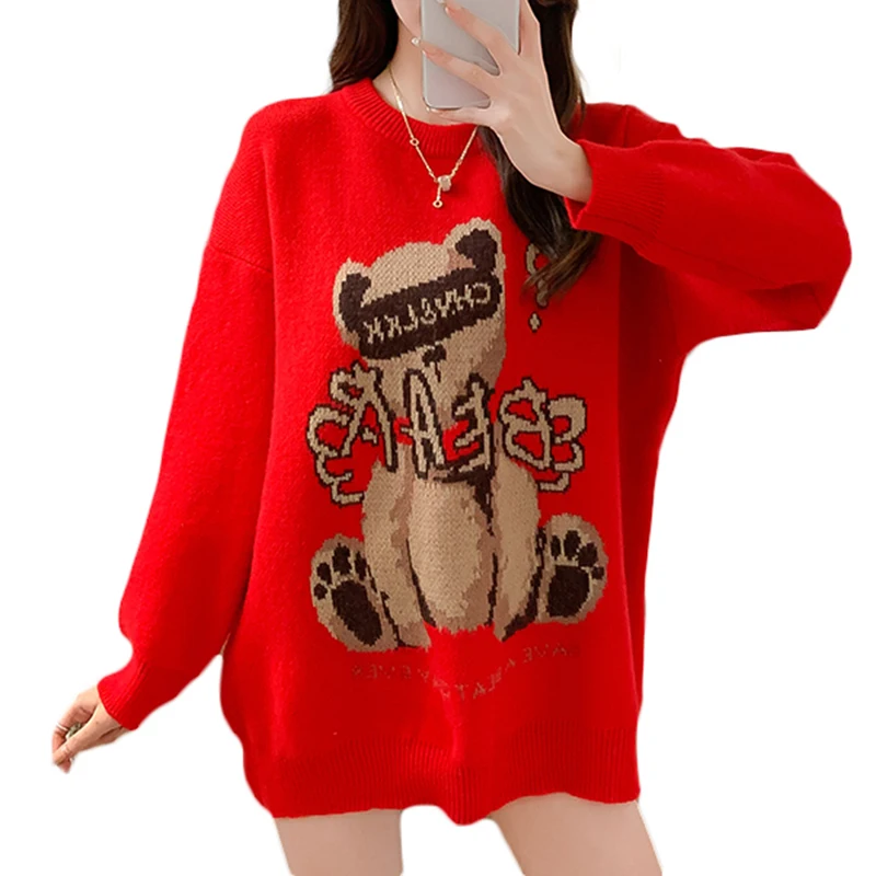 

Knitted Harajuku Winter Clothes Women 2021 Oversized Sweater Long Sleeve Top Gothic Fashion Bear Kawaii Cartoon Streetwear Femme