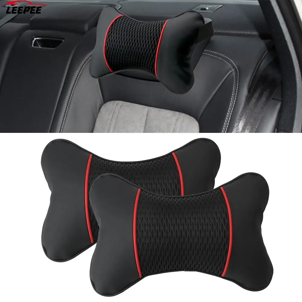 

2Pcs PU Leather Knitted Travel Neck Pillow Car Accessories Interior Car Headrest Neck Pillow Support Seat Accessories