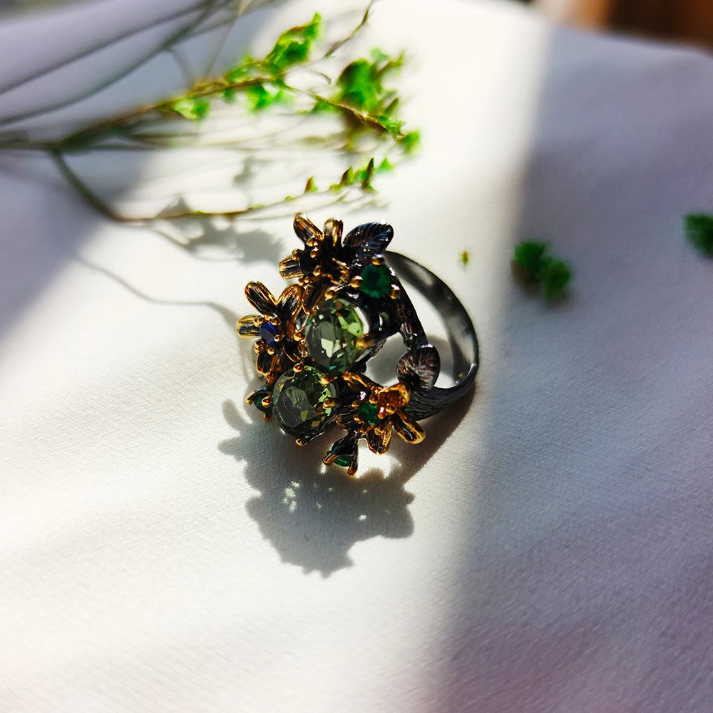 Яркие Olivine Кристалл CZ Кольцо Многоцветный кубическая циркониевая бижутерия цветок листьев женские медные ювелирные изделия коктейльные кольца на палец