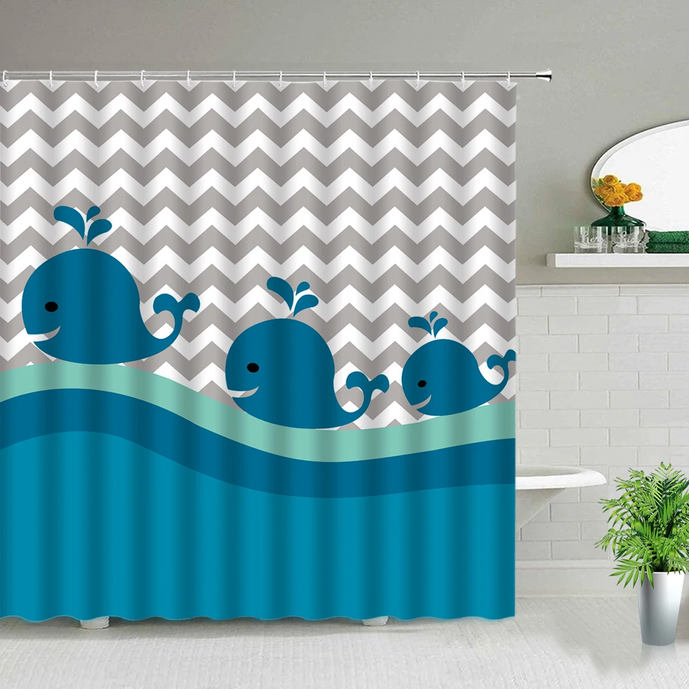 

Hot Sale Wave Background Cute Cartoon Whale Shower Curtains Ocean Animal Shark Printing Children Bathtub Decor Bathroom Curtains