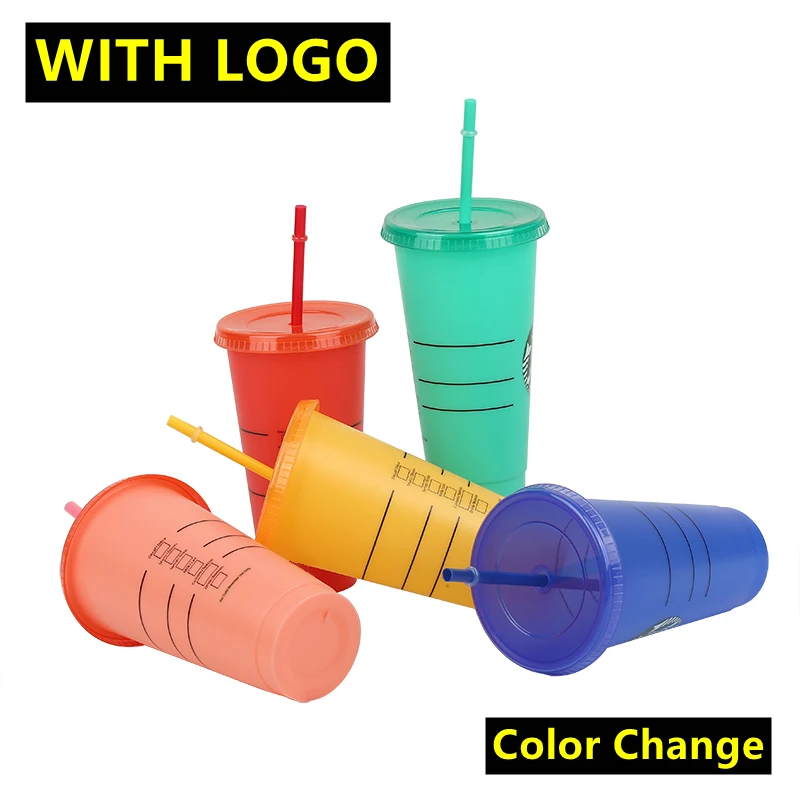 

710ml Discoloration Straw Cup With Logo With Lid Cold Drink Color Chang Party Cups Plastic Tumbler Coffee Mug Dropship Wholesale